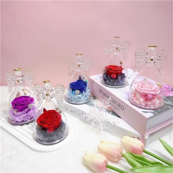 Sunia Preserved Flower Rose Birthday Gifts for Mom, Glass Angels Figurines - Picture 6 of 7